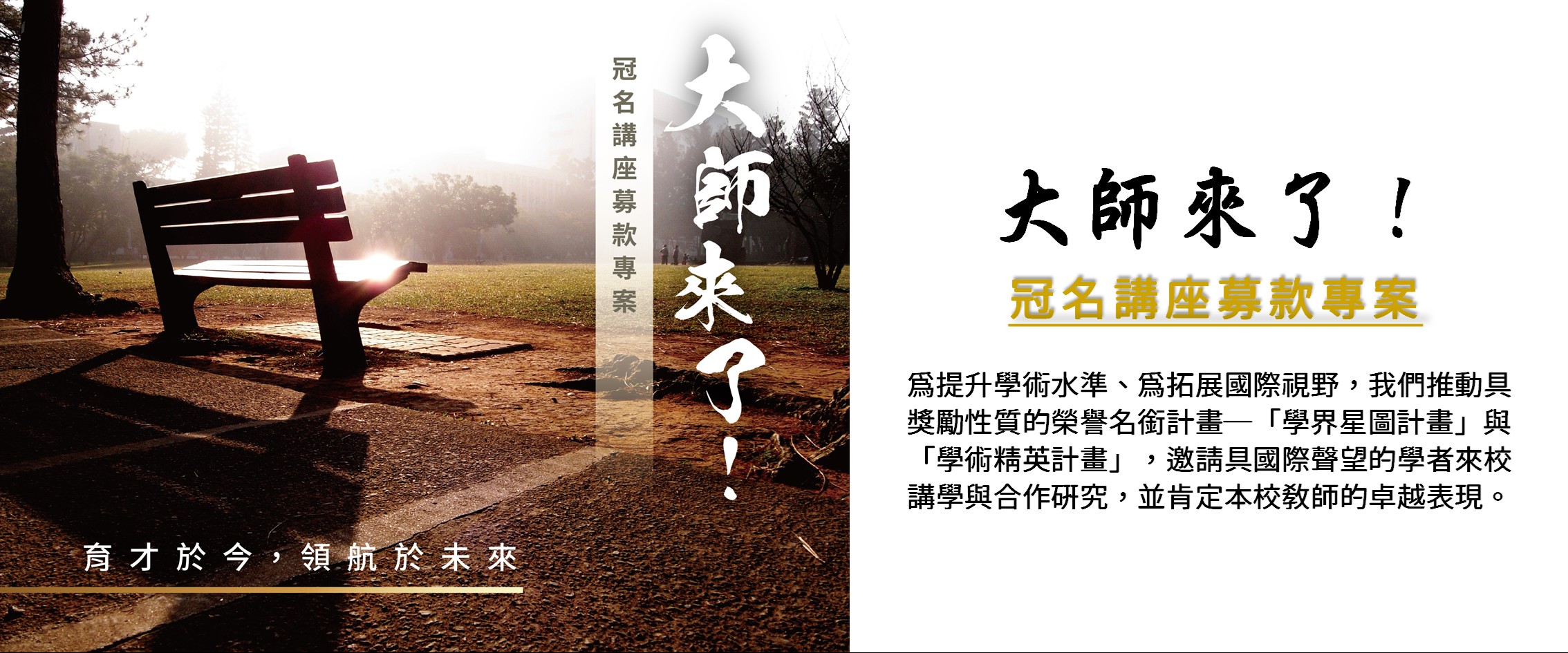 為提升學術水準、拓展國際視野，我們推動具獎勵性質的榮譽名銜計畫─「學界星圖計畫」與「學術精英計畫」，邀請具國際聲望的學者來校講學與合作研究，並肯定本校教師的卓越表現。